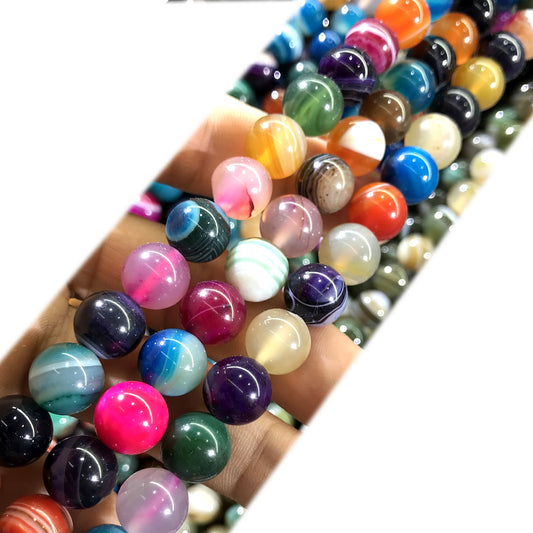 CAG1008 Colorful Banded Agate Beads Smooth Round 10mm 15" Strand