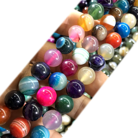 CAG1009 Colorful Banded Agate Beads Smooth Round 12mm 15" Strand