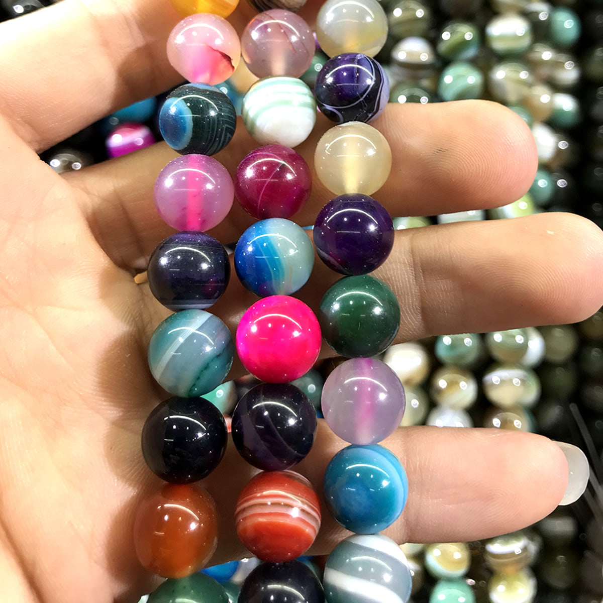 CAG1009 Colorful Banded Agate Beads Smooth Round 12mm 15" Strand