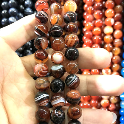 CAG1018 Banded Agate Beads Smooth Round 10mm 15" Strand