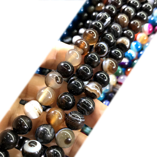 CAG1023 Banded Agate Beads Smooth Round 10mm 15" Strand