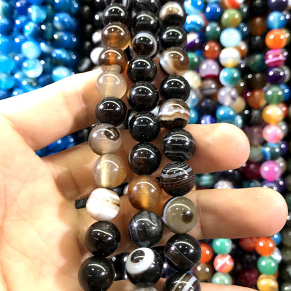 CAG1023 Banded Agate Beads Smooth Round 10mm 15" Strand