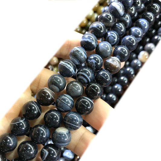 CAG1027 Banded Agate Beads Smooth Round 8mm 15" Strand