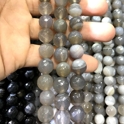 CAG1034 Banded Agate Beads Faceted Round 12mm 15" Strand