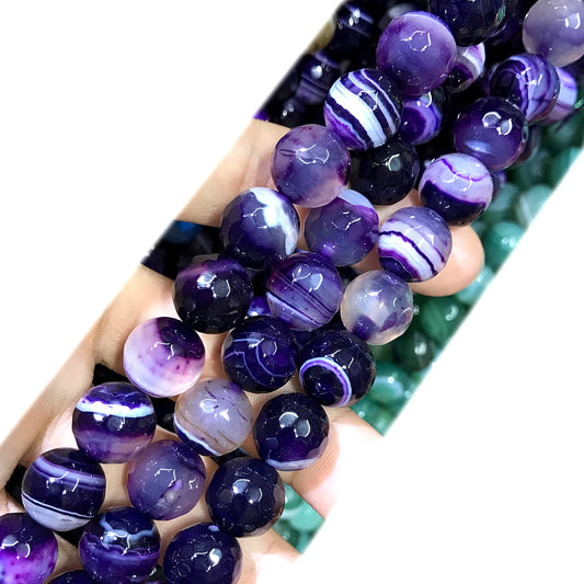 CAG1044 Banded Agate Beads Faceted Round 12mm 15" Strand