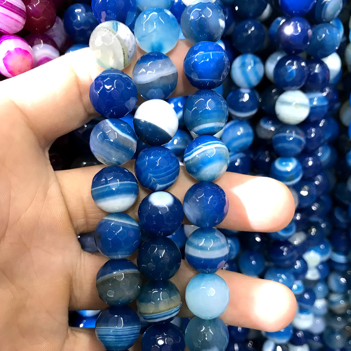 CAG1059 Banded Agate Beads Faceted Round 12mm 15" Strand