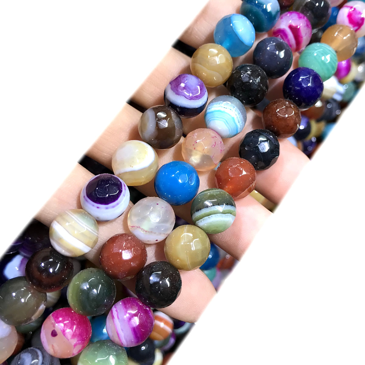 CAG1073 Colorful Banded Agate Beads Faceted Round 10mm 15" Strand