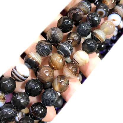 CAG1078 Banded Agate Beads Faceted Round 10mm 15" Strand