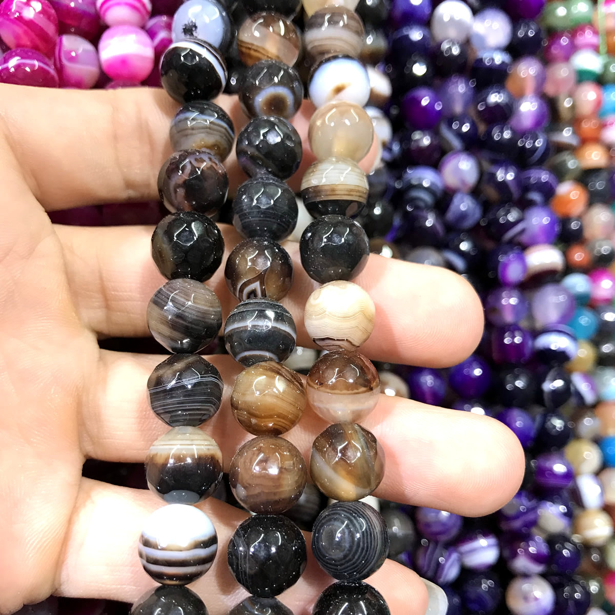 CAG1078 Banded Agate Beads Faceted Round 10mm 15" Strand