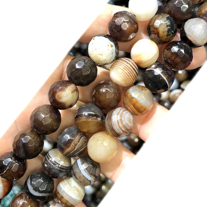 CAG1079 Banded Agate Beads Faceted Round 12mm 15" Strand