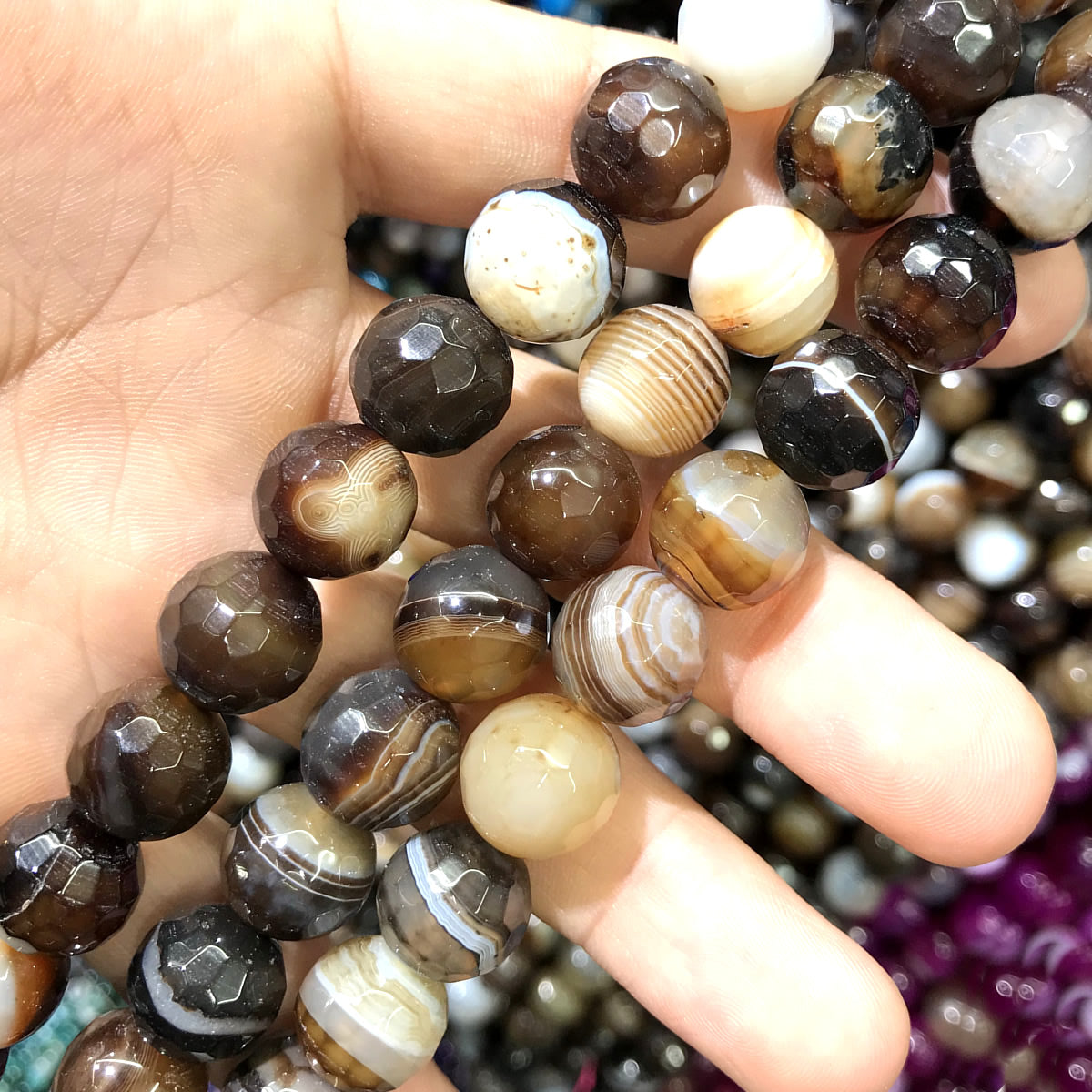 CAG1079 Banded Agate Beads Faceted Round 12mm 15" Strand