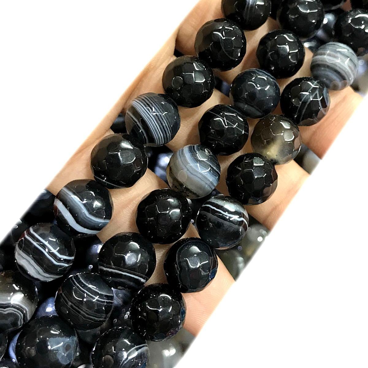 CAG1084 Banded Agate Beads Faceted Round 12mm 15" Strand