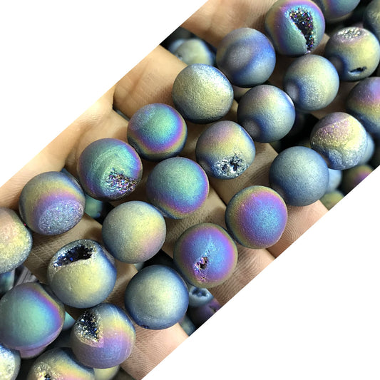 CAG375 Druzy Agate Beads Electroplated Matte Round 14mm 15" Strand