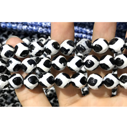 CAG430 Black Tibetan Agate Beads Faceted Round 10mm 15" Strand