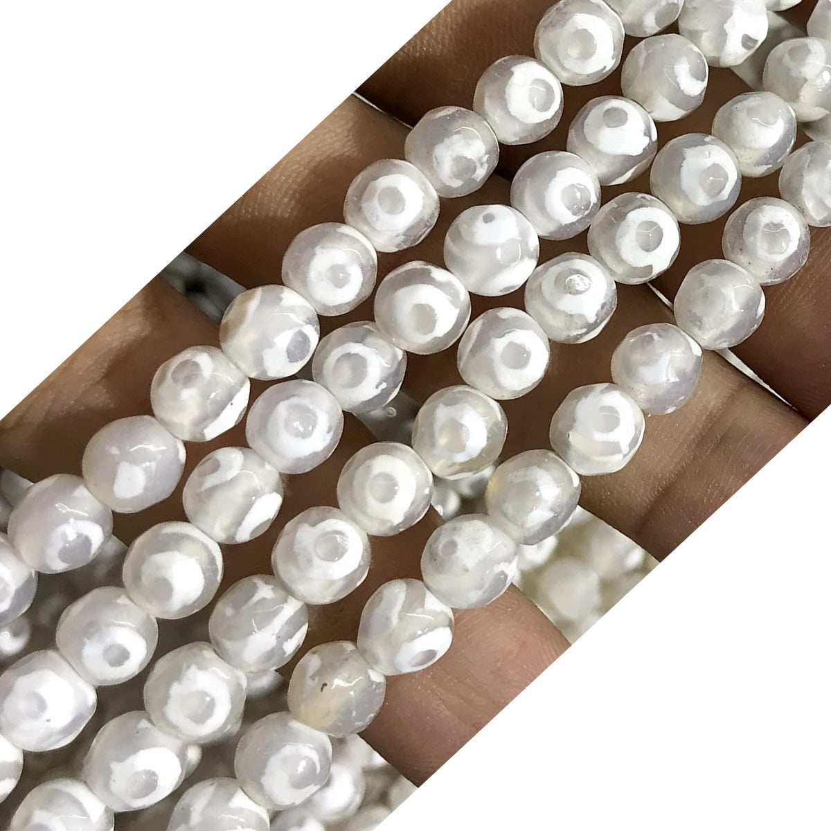 CAG440 White Tibetan Agate Beads Faceted Round 6mm 15" Strand