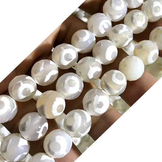 CAG442 White Tibetan Agate Beads Faceted Round 10mm 15" Strand