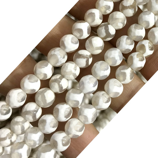 CAG446 White Tibetan Agate Beads Faceted Round 6mm 15" Strand