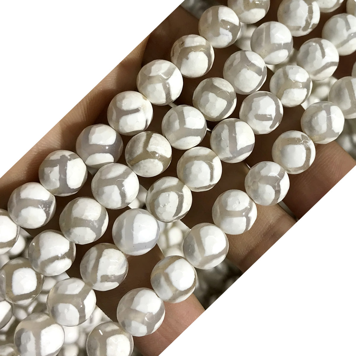 CAG447 White Tibetan Agate Beads Faceted Round 8mm 15" Strand