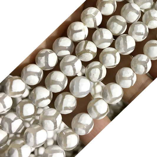 CAG448 White Tibetan Agate Beads Faceted Round 10mm 15" Strand