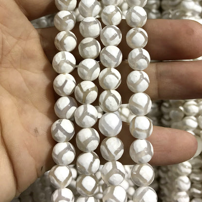 CAG448 White Tibetan Agate Beads Faceted Round 10mm 15" Strand