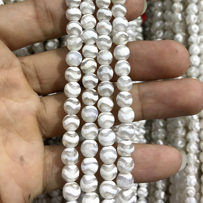 CAG459 White Tibetan Agate Beads Faceted Round 6mm 15" Strand