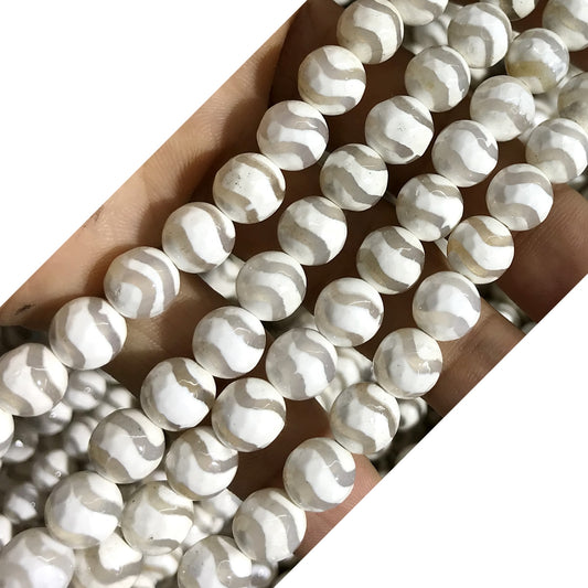 CAG460 White Tibetan Agate Beads Faceted Round 8mm 15" Strand