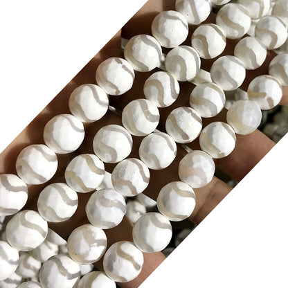 CAG461 White Tibetan Agate Beads Faceted Round 10mm 15" Strand