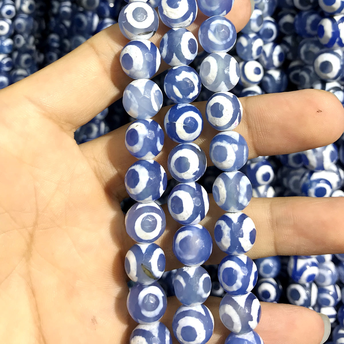 CAG466 Blue Tibetan Agate Beads Faceted Round 10mm 15" Strand