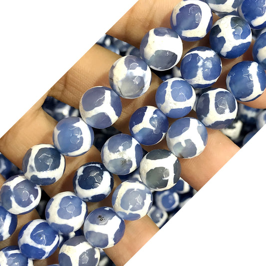 CAG472 Blue Tibetan Agate Beads Faceted Round 10mm 15" Strand