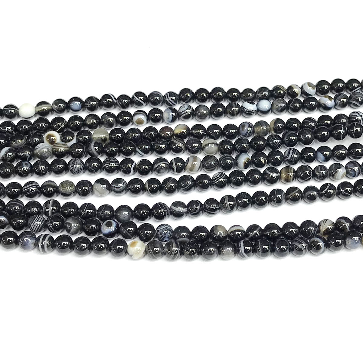 CAG475 Black Banded Agate Beads Smooth Round 4mm 15" Strand