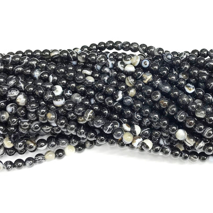 CAG475 Black Banded Agate Beads Smooth Round 4mm 15" Strand