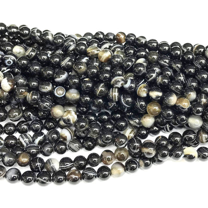 CAG476 Black Banded Agate Beads Smooth Round 6mm 15" Strand