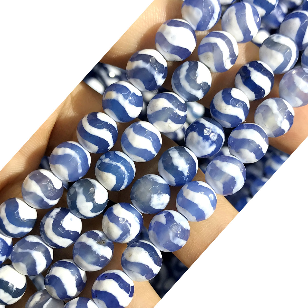 CAG477 Blue Tibetan Agate Beads Faceted Round 8mm 15" Strand