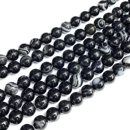 CAG477 Black Banded Agate Beads Smooth Round 8mm 15" Strand