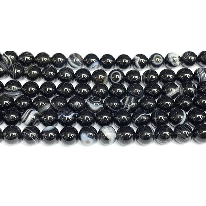 CAG477 Black Banded Agate Beads Smooth Round 8mm 15" Strand