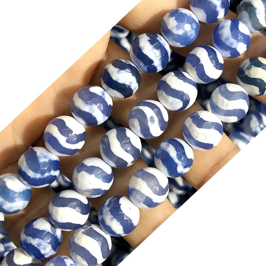 CAG478 Blue Tibetan Agate Beads Faceted Round 10mm 15" Strand