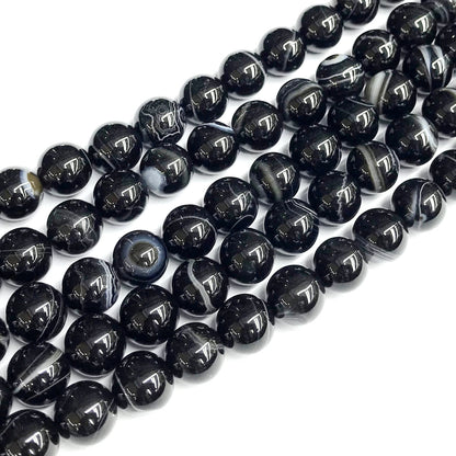 CAG478 Black Banded Agate Beads Smooth Round 10mm 15" Strand