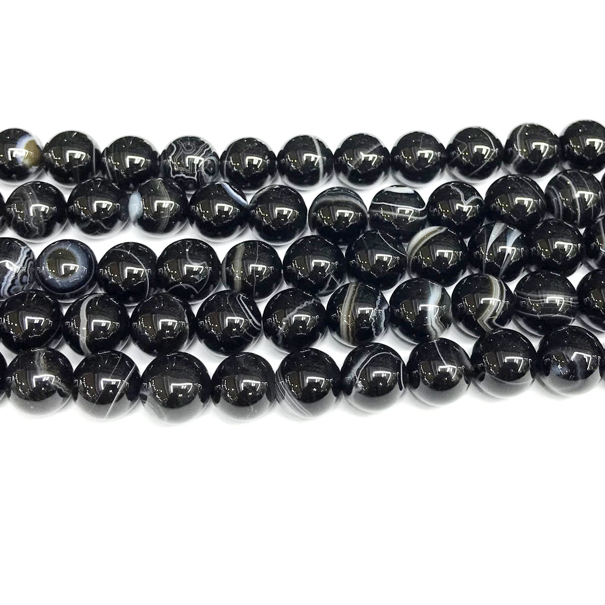 CAG478 Black Banded Agate Beads Smooth Round 10mm 15" Strand