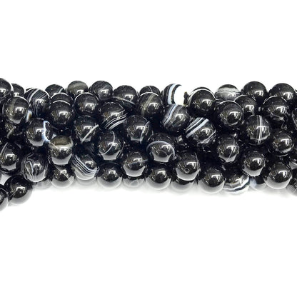 CAG478 Black Banded Agate Beads Smooth Round 10mm 15" Strand