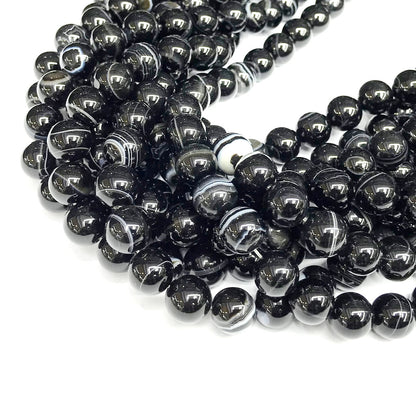 CAG478 Black Banded Agate Beads Smooth Round 10mm 15" Strand