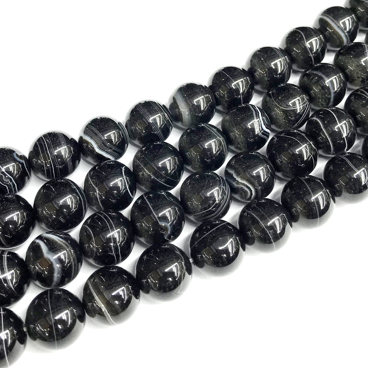 CAG479 Black Banded Agate Beads Smooth Round 12mm 15" Strand