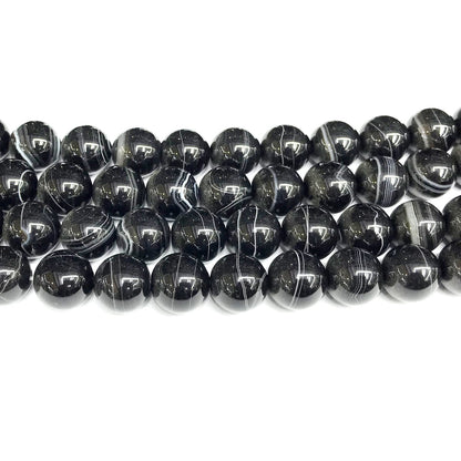 CAG479 Black Banded Agate Beads Smooth Round 12mm 15" Strand