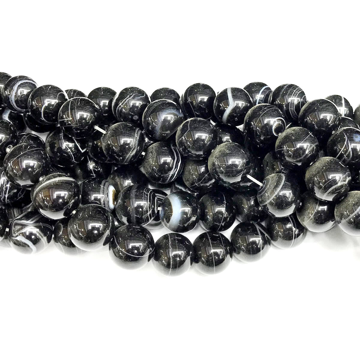 CAG479 Black Banded Agate Beads Smooth Round 12mm 15" Strand