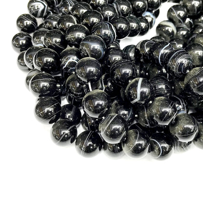 CAG479 Black Banded Agate Beads Smooth Round 12mm 15" Strand