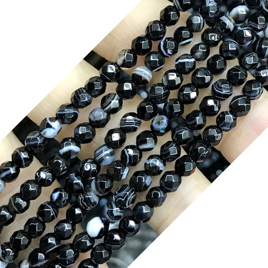 CAG483 Black Banded Agate Beads Faceted Round 4mm 15" Strand