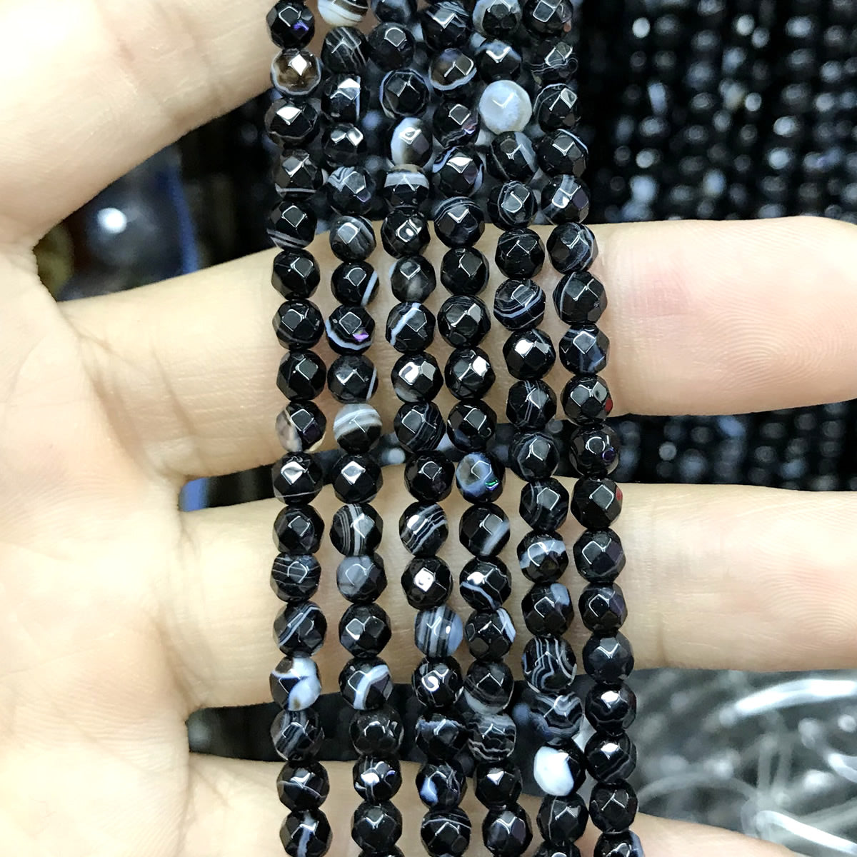 CAG483 Black Banded Agate Beads Faceted Round 4mm 15" Strand