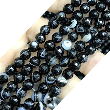 CAG484 Black Banded Agate Beads Faceted Round 6mm 15" Strand