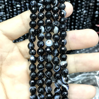 CAG484 Black Banded Agate Beads Faceted Round 6mm 15" Strand