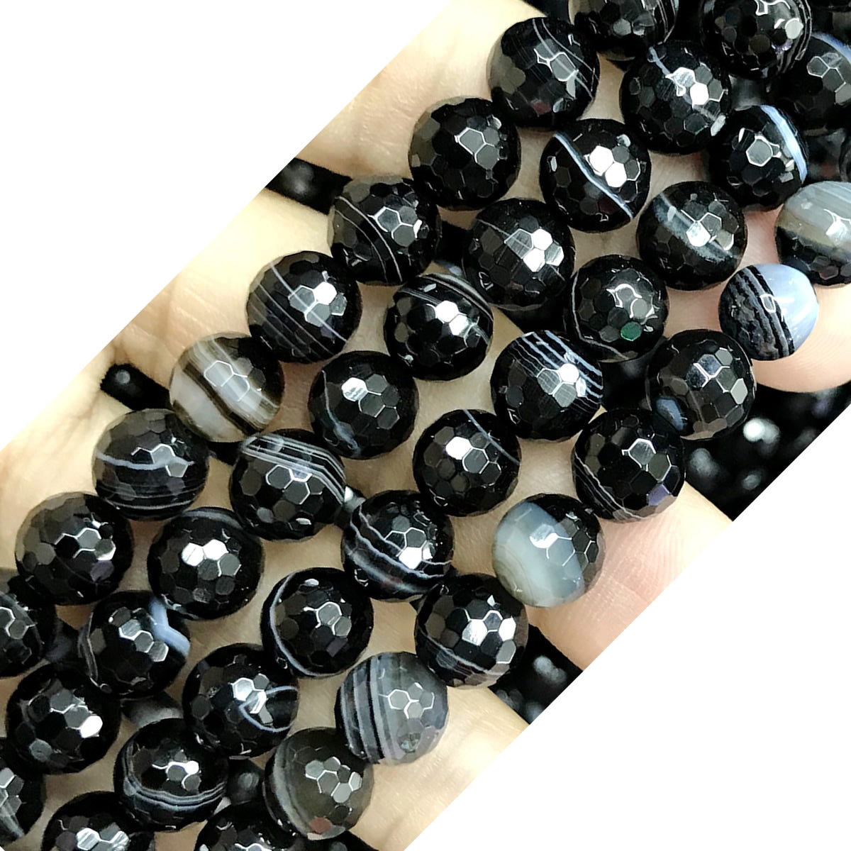 CAG485 Black Banded Agate Beads Faceted Round 8mm 15" Strand