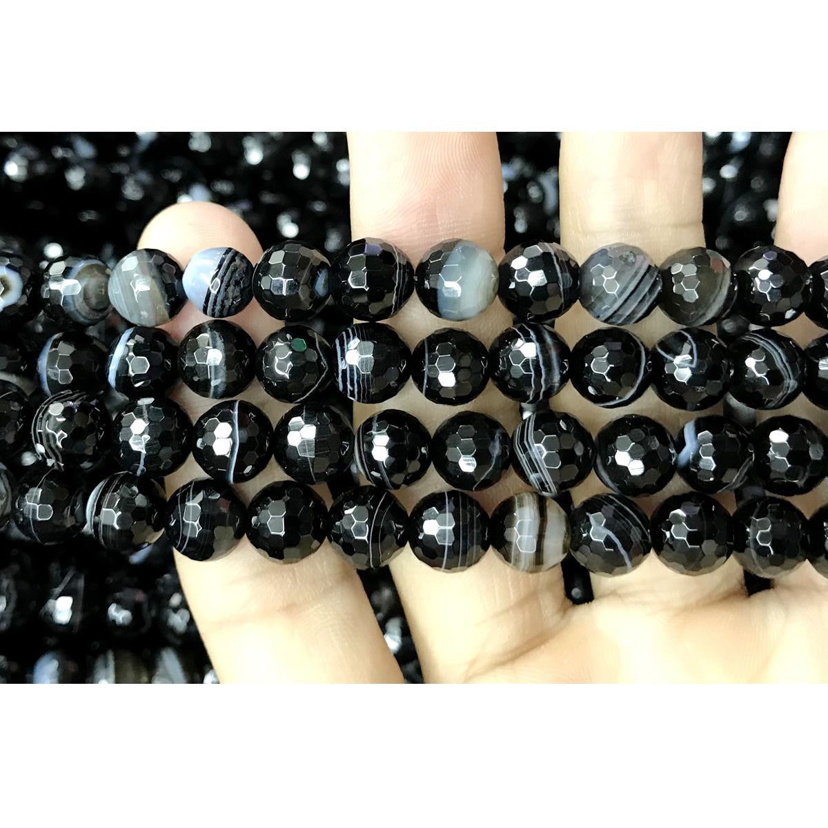 CAG485 Black Banded Agate Beads Faceted Round 8mm 15" Strand